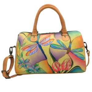 anna by anuschka womens genuineleather zip around satchel handbag genuine leather, dragonfly glass painting, no size us