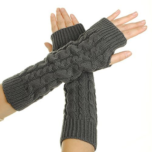 Flammi Women's Cable Knit Arm Warmers Fingerless Gloves Thumb Hole Gloves Mittens (Grey)