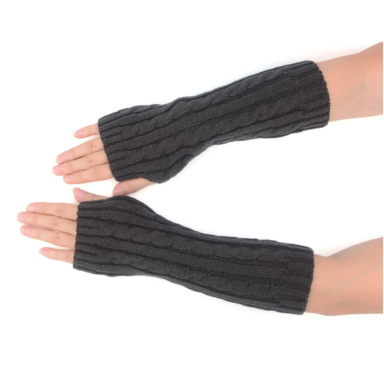 Flammi Women's Cable Knit Arm Warmers Fingerless Gloves Thumb Hole Gloves Mittens (Grey)