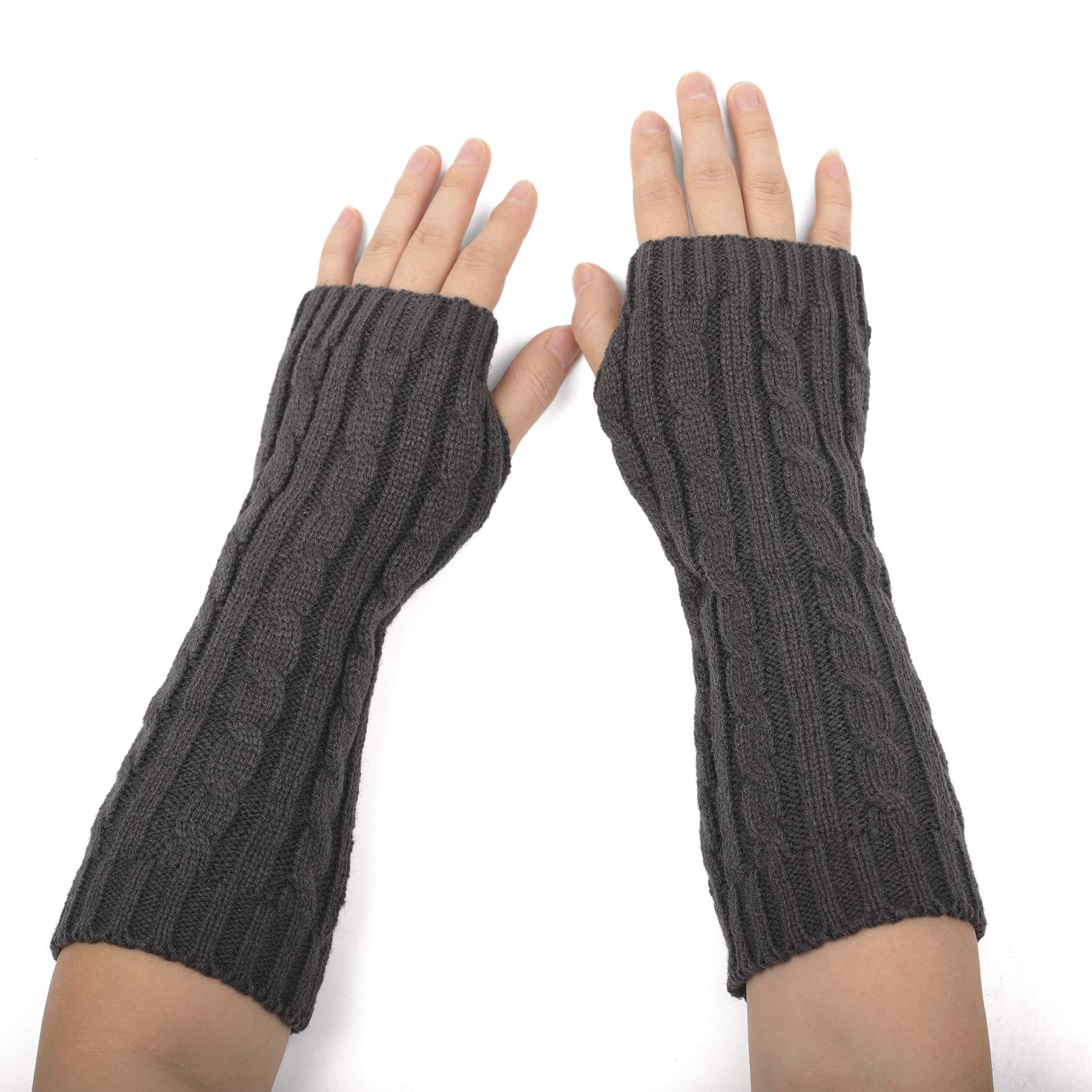 Flammi Women's Cable Knit Arm Warmers Fingerless Gloves Thumb Hole Gloves Mittens (Grey)