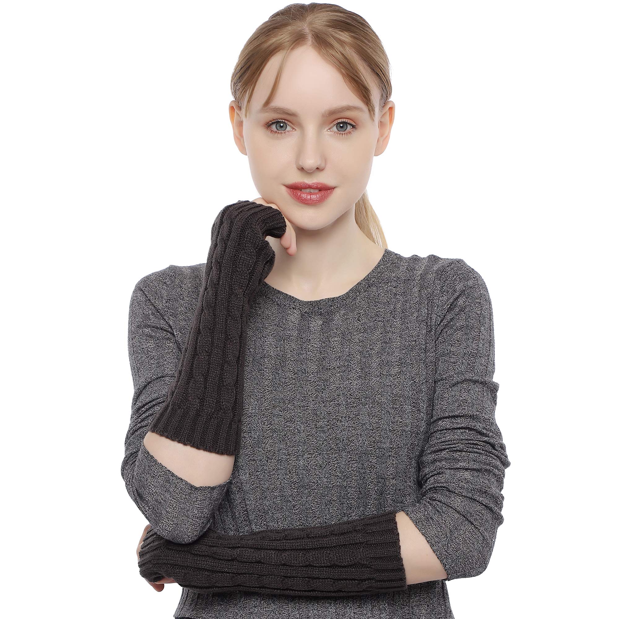 Flammi Women's Cable Knit Arm Warmers Fingerless Gloves Thumb Hole Gloves Mittens (Grey)