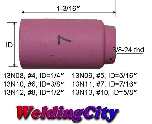 WeldingCity 10-pk Ceramic Cup 13N11 (#7, 7/16") for TIG Welding Torch 9, 20 and 25 Series in Lincoln Miller ESAB Weldcraft CK Everlast