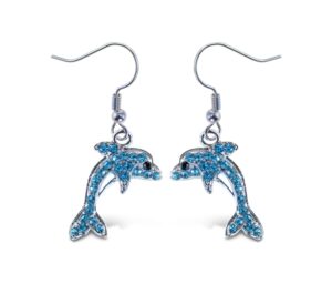 puzzled blue dolphin fish hook earrings, 1.5 inch fashionable & elegant jewelry rhinestone studded earring for girls teens women fashion ear accessory