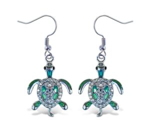 puzzled green sea turtle sparkling earrings - cute silver fish hook dangle earrings plated in silver color with zinc alloy dangling charm sparkly pendant, elegant silver earrings