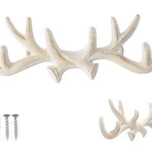 Comfify Vintage Cast Iron Deer Antlers Wall Mounted Hooks | Antique Finish Metal Clothes Hanger Rack w/Hooks | includes Screws and Anchors | in Antique White