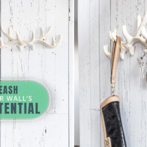 Comfify Vintage Cast Iron Deer Antlers Wall Mounted Hooks | Antique Finish Metal Clothes Hanger Rack w/Hooks | includes Screws and Anchors | in Antique White