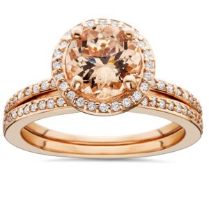 1 3/4 Carat Morganite & Diamond Halo Engagement Wedding Ring Set 14K Rose Gold - Size 5.5