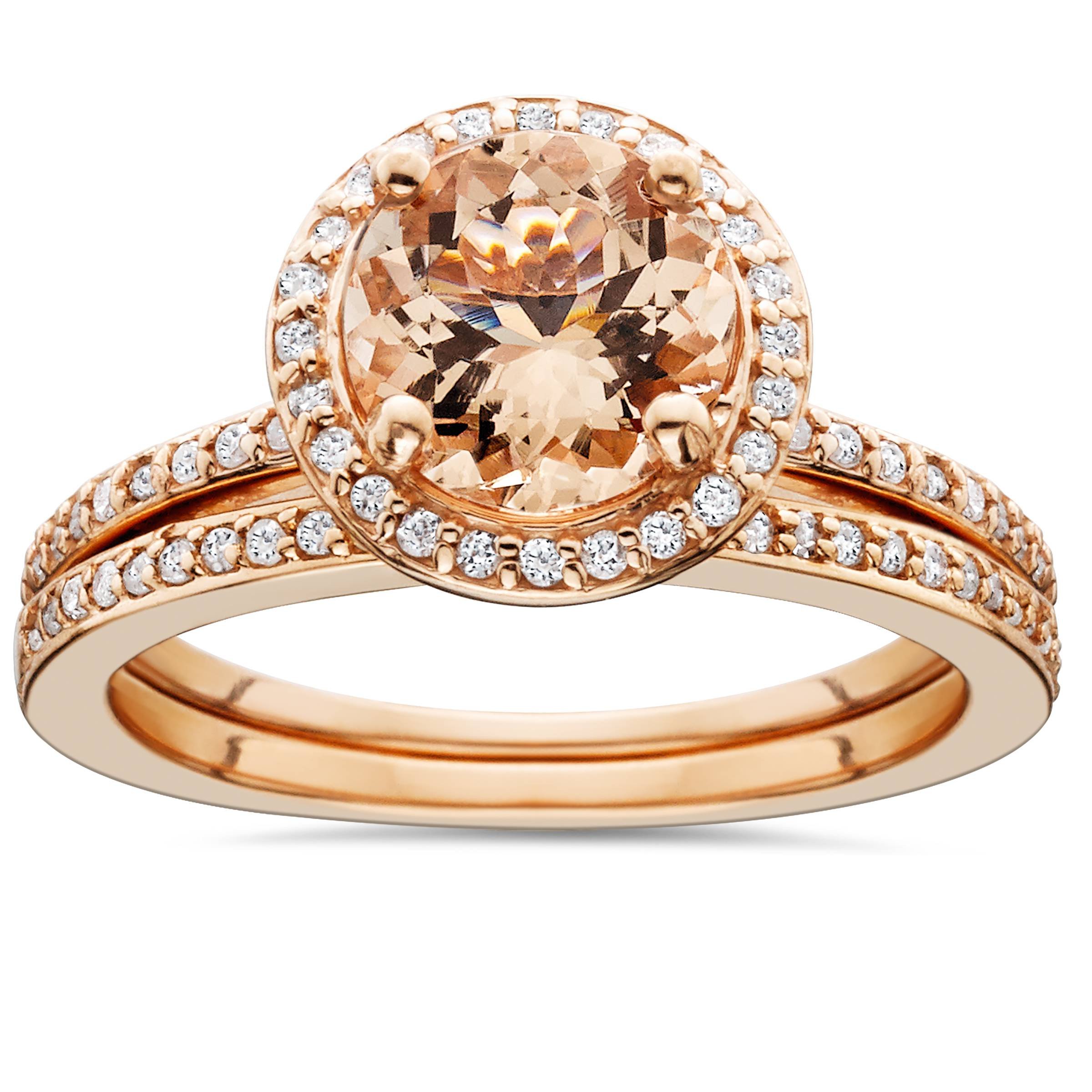 1 3/4 Carat Morganite & Diamond Halo Engagement Wedding Ring Set 14K Rose Gold - Size 5.5