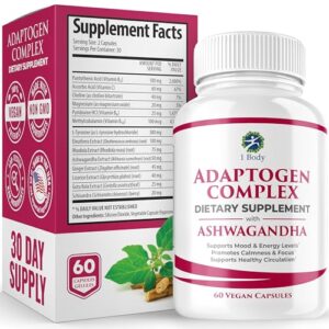 1 body ashwagandha complex supplement - adaptogen formula - focus and energy support supplement for men and women - 60 vegan capsules