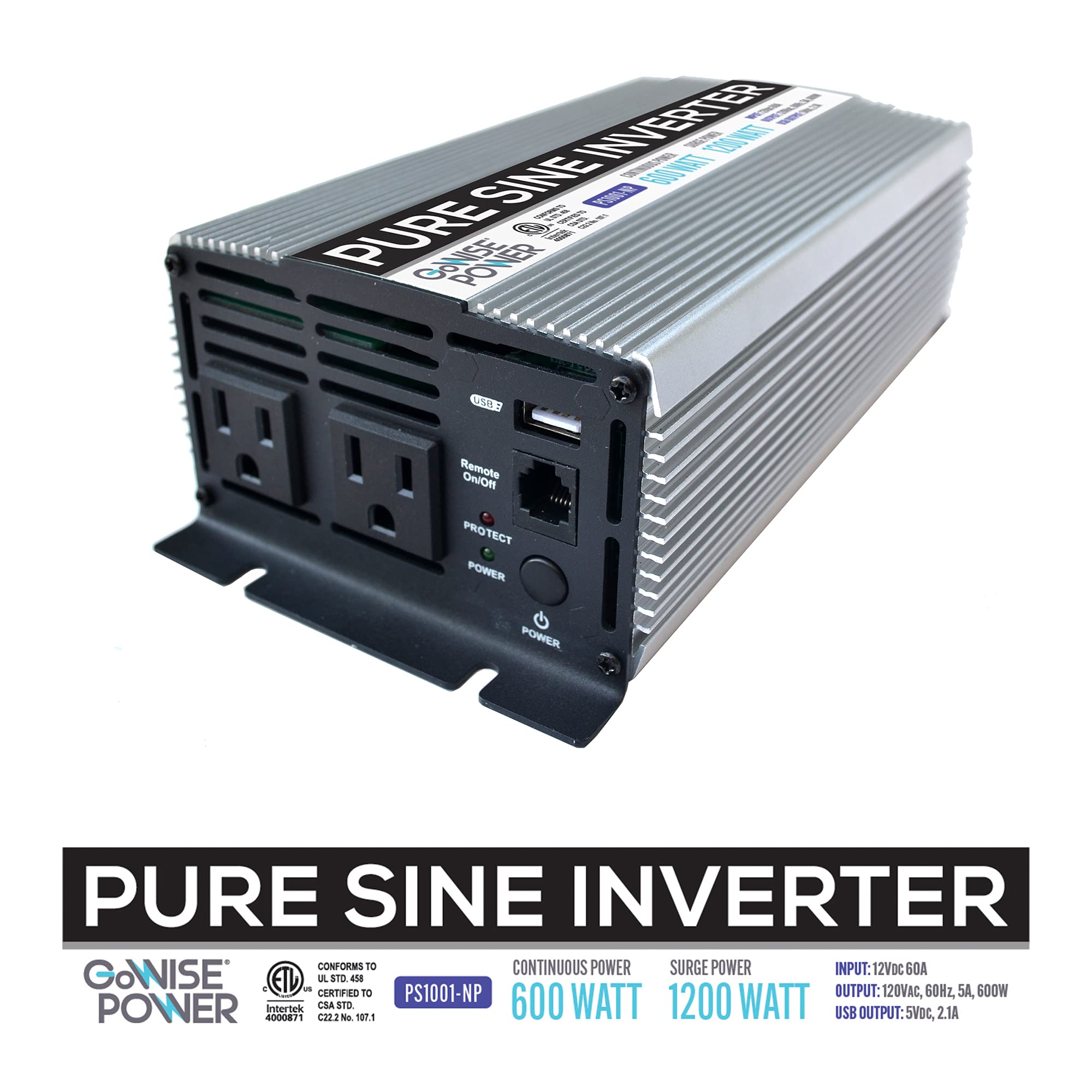 GoWISE Power 600W Pure Sine Wave Inverter 12V DC to 115V AC with 2 AC Outlets + 1 5V USB Port and 2 Clamp Cables (1200W Peak) PS1001