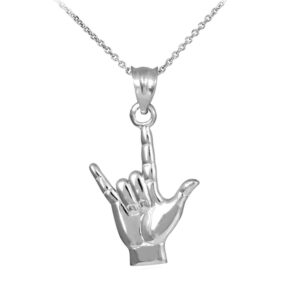 .925 Sterling Silver I Love You American Sign Language ASL Hand Sign Charm Pendant Necklace - 16"