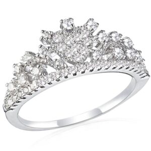 EleQueen Women's Silver-Tone Pave CZ Love Heart Princess Wedding Crown Tiara Ring Clear