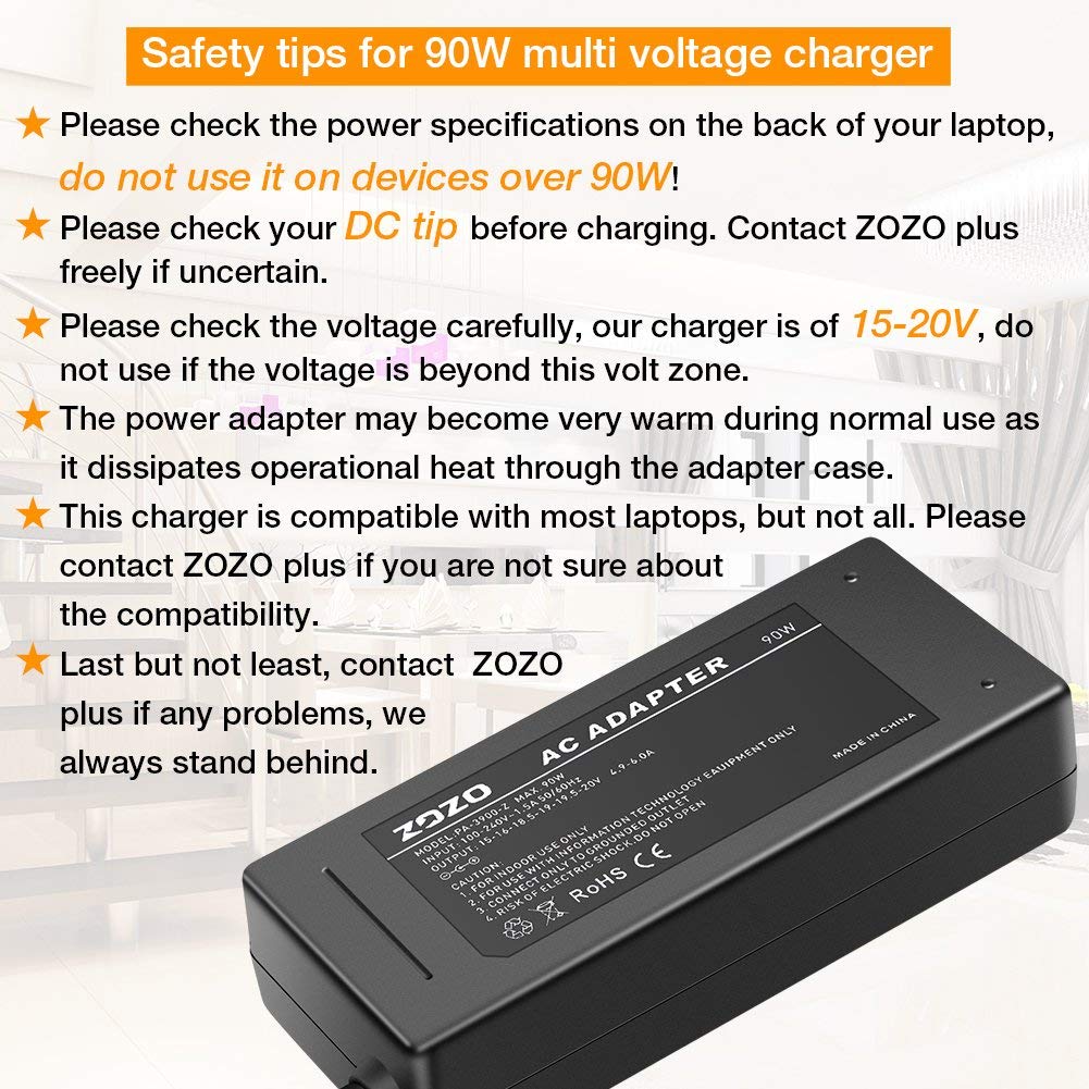 ZOZO Universal Laptop Charger 90W AC Adapter for HP Dell Gateway Toshiba Lenovo Acer ASUS Samsung Sony Ultrabook Chromebook DC Output 12V 16V 18.5V 19V 19.5V 20V Power Supply Cord with 17 tips