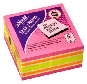 snopake 76 x 76 mm pink rainbow neonmix sticky notes [cube of 450 sheets] 15759