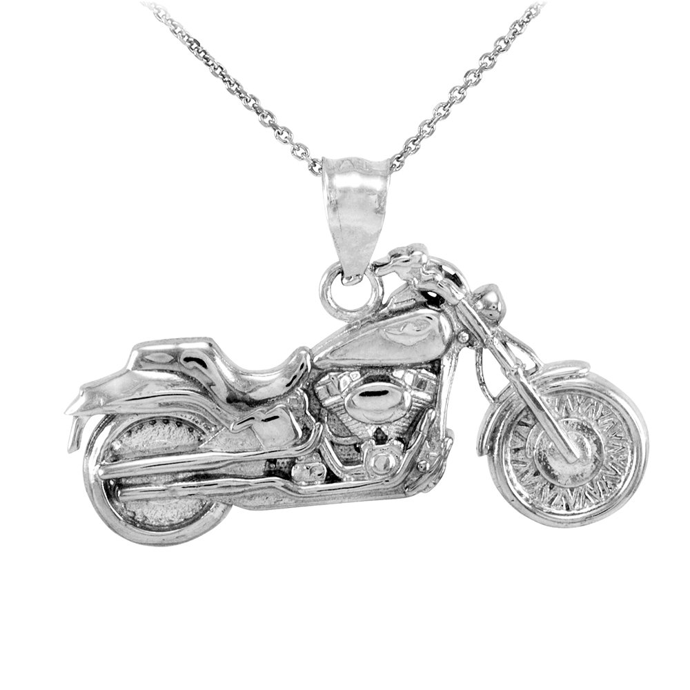 925 Sterling Silver High Polish Biker Charm Motorcycle Pendant Necklace, 18"