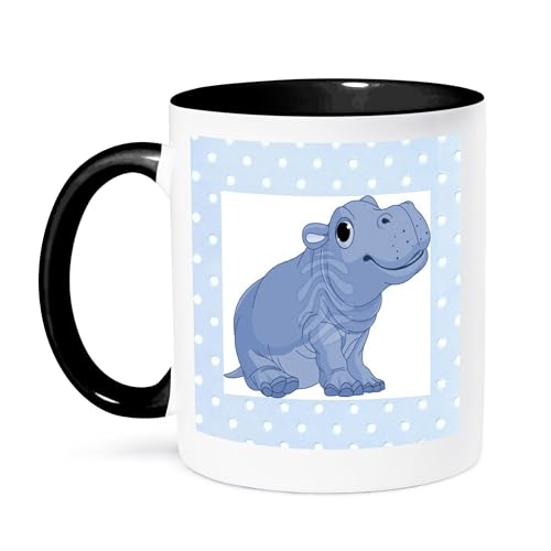 3dRose mug_37289_4 "Cute Baby Blue Hippo On Blue Dotted Back" Two Tone Black Mug, 11 oz, Multicolor