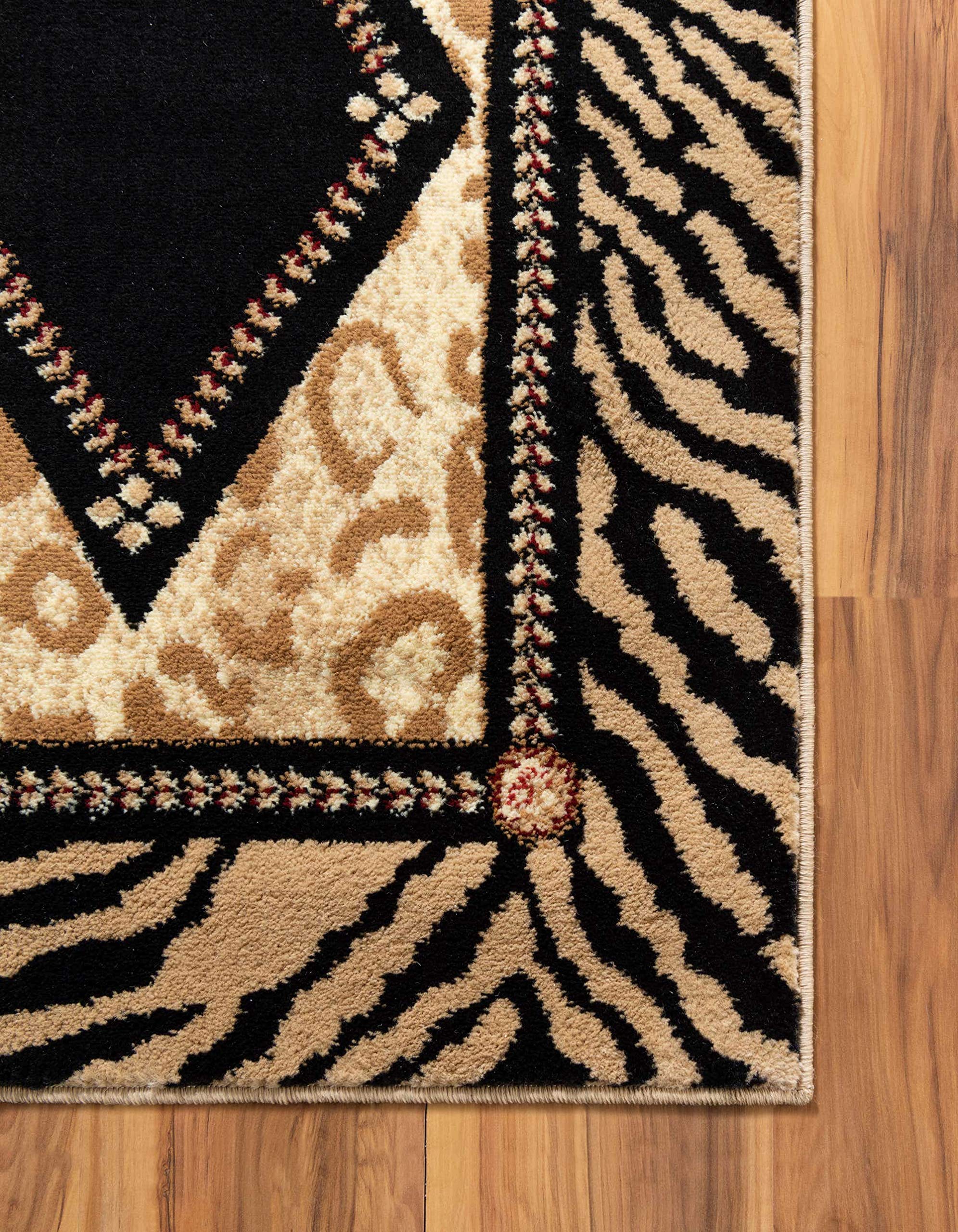 Unique Loom Wildlife Collection Animal Inspired with Leopard Geometric Bordered Design Area Rug, 6 ft x 9 ft, Light Brown/Black