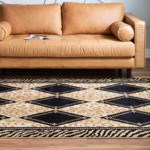 Unique Loom Wildlife Collection Animal Inspired with Leopard Geometric Bordered Design Area Rug, 6 ft x 9 ft, Light Brown/Black