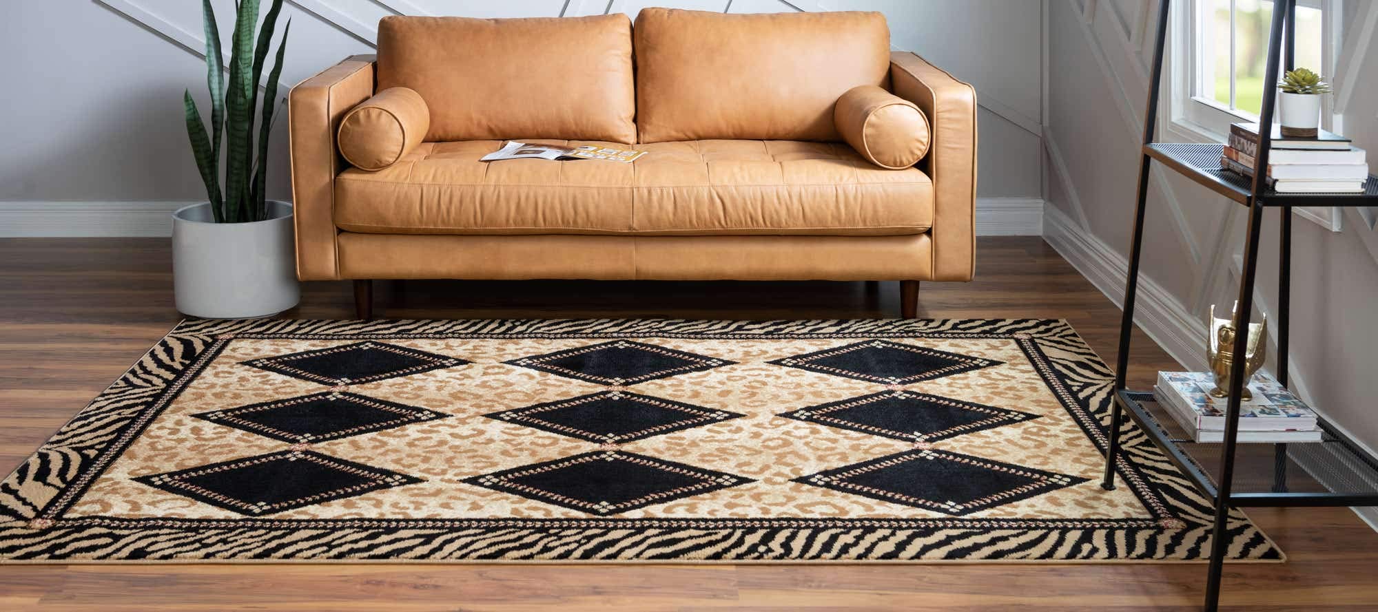 Unique Loom Wildlife Collection Animal Inspired with Leopard Geometric Bordered Design Area Rug, 6 ft x 9 ft, Light Brown/Black