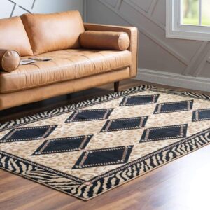 Unique Loom Wildlife Collection Animal Inspired with Leopard Geometric Bordered Design Area Rug, 6 ft x 9 ft, Light Brown/Black