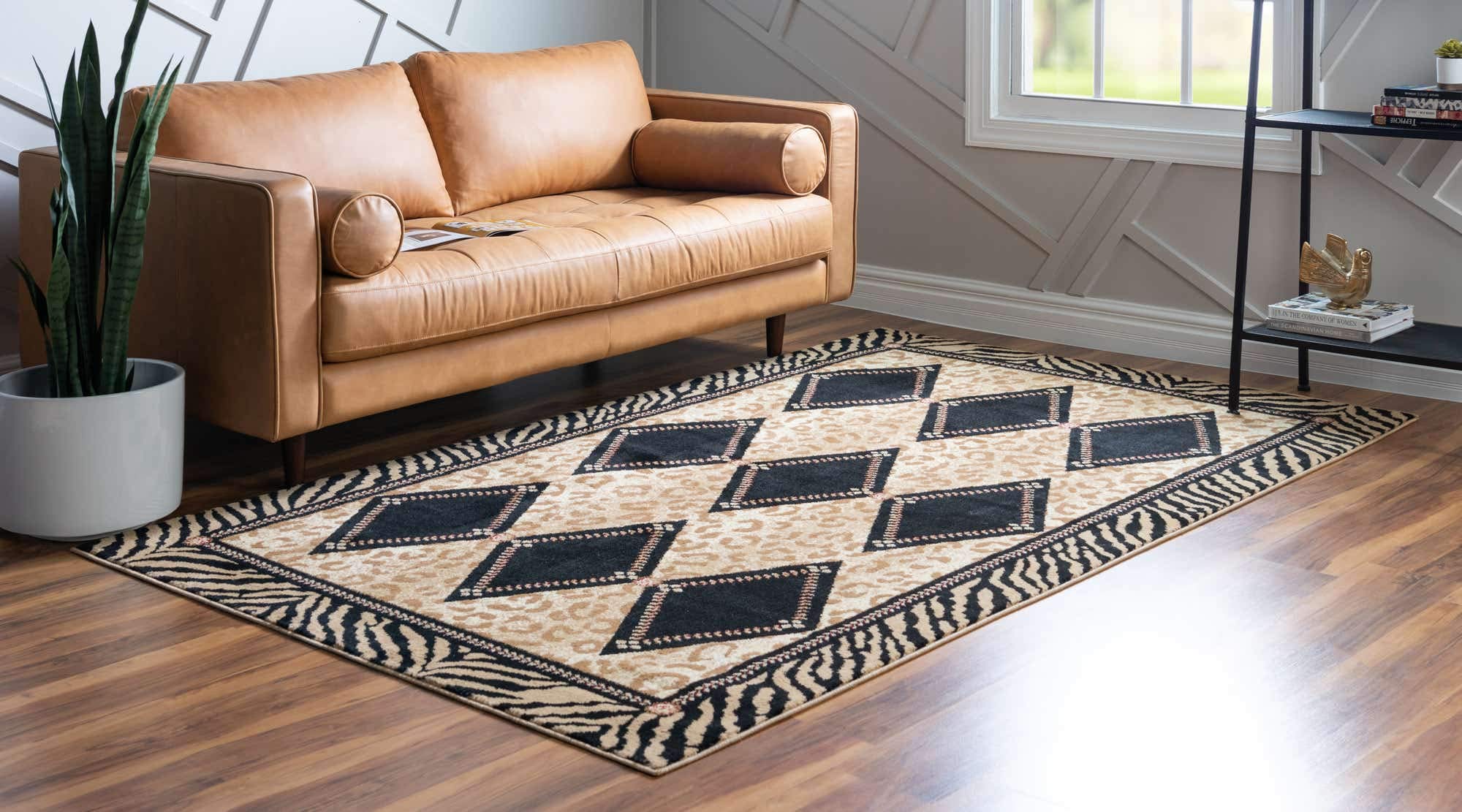 Unique Loom Wildlife Collection Animal Inspired with Leopard Geometric Bordered Design Area Rug, 6 ft x 9 ft, Light Brown/Black