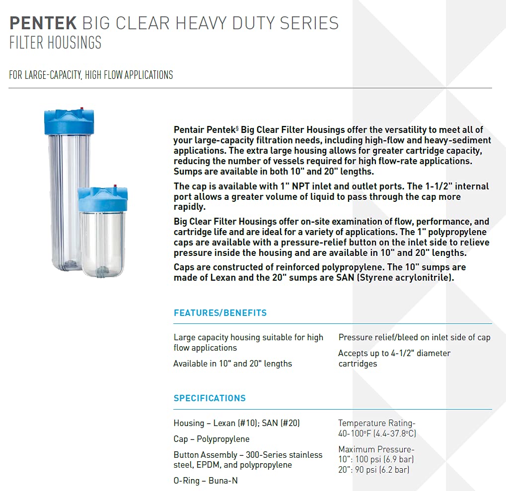 Pentair Pentek 166201 Big Clear Filter Housing, 1" NPT #20 Whole House Heavy Duty Water Filter Housing with Pressure Relief Button, 20-Inch, Blue/Clear