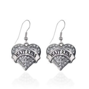 inspired silver - waitress charm earrings for women - silver pave heart charm french hook drop earrings with cubic zirconia jewelry