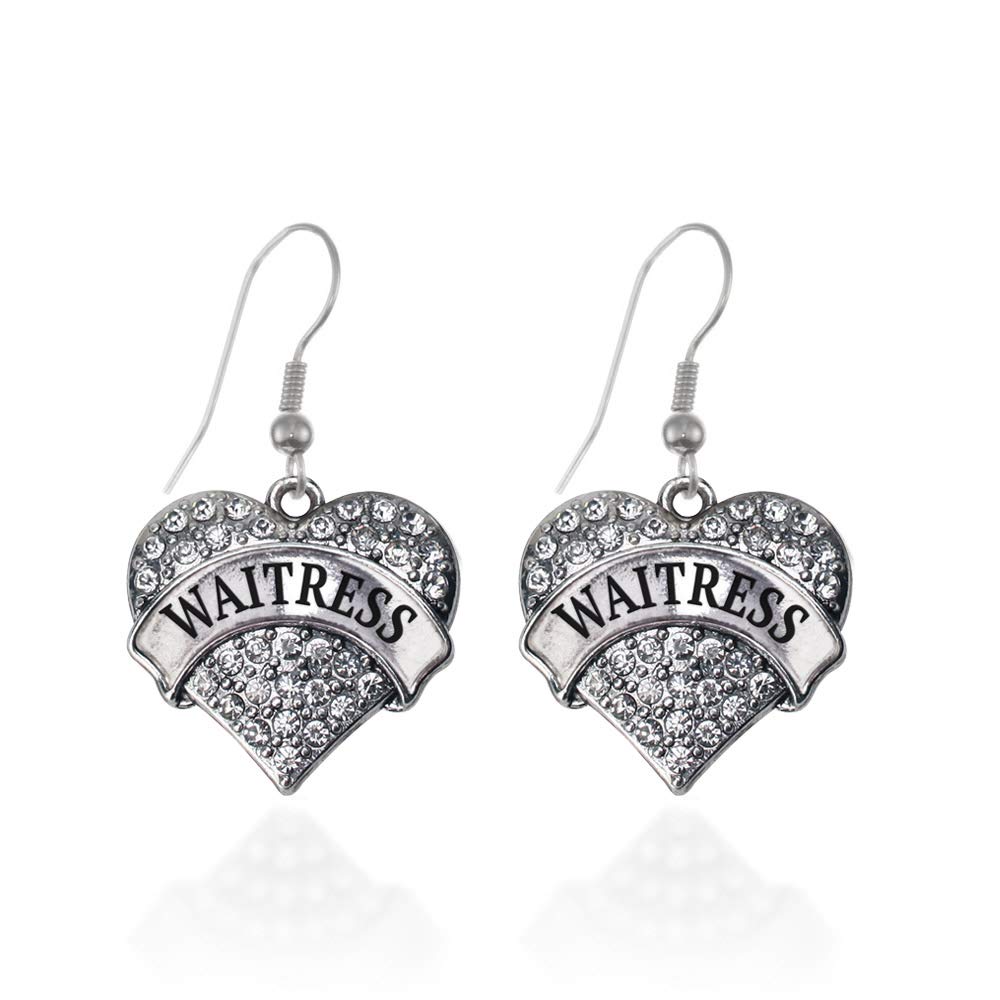 Inspired Silver - Waitress Charm Earrings for Women - Silver Pave Heart Charm French Hook Drop Earrings with Cubic Zirconia Jewelry