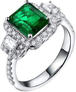 lanmi beautiful natural green emerald diamonds engagement ring solid 14k white gold wedding rings for ladies women promotion