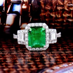 Lanmi Beautiful Natural Green Emerald Diamonds Engagement Ring Solid 14K White Gold Wedding Rings for Ladies Women Promotion