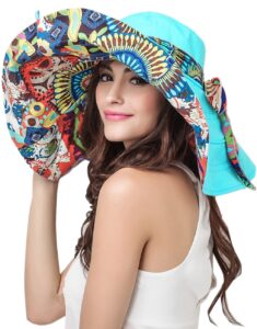 women's foldable floppy reversible travel beach sun visor hat wide brim upf 50+ (blue)