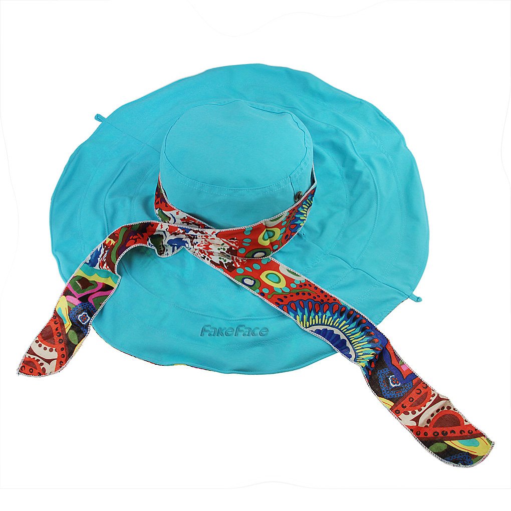 Women's Foldable Floppy Reversible Travel Beach Sun Visor Hat Wide Brim UPF 50+ (Blue)