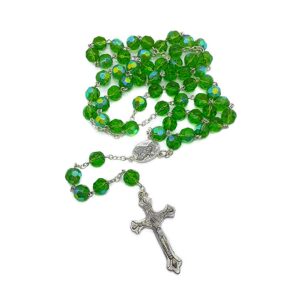 Nazareth Store Green Crystallized Glass Beads Rosary Necklace Holy Mary Medal & Cross Crucifix Handmade Christian Holy Rosary for Men and Women