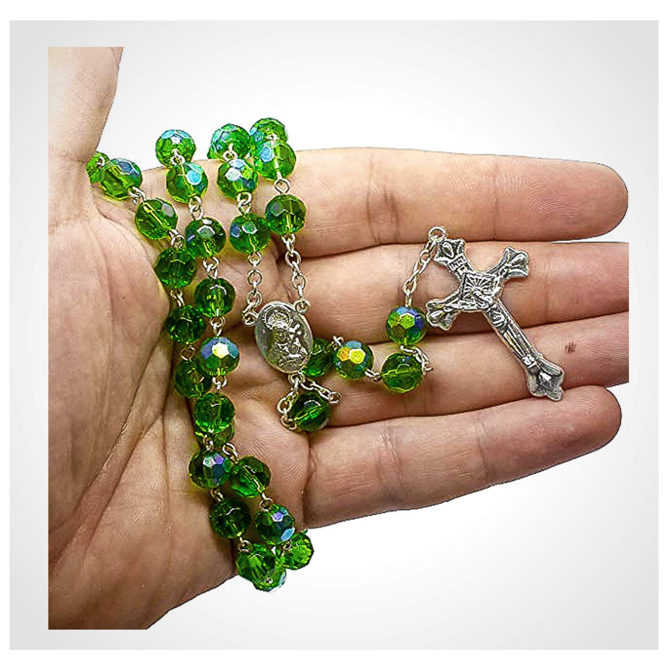 Nazareth Store Green Crystallized Glass Beads Rosary Necklace Holy Mary Medal & Cross Crucifix Handmade Christian Holy Rosary for Men and Women