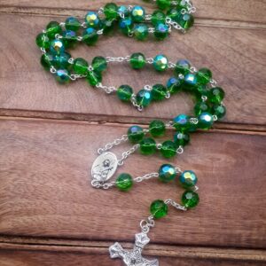 Nazareth Store Green Crystallized Glass Beads Rosary Necklace Holy Mary Medal & Cross Crucifix Handmade Christian Holy Rosary for Men and Women