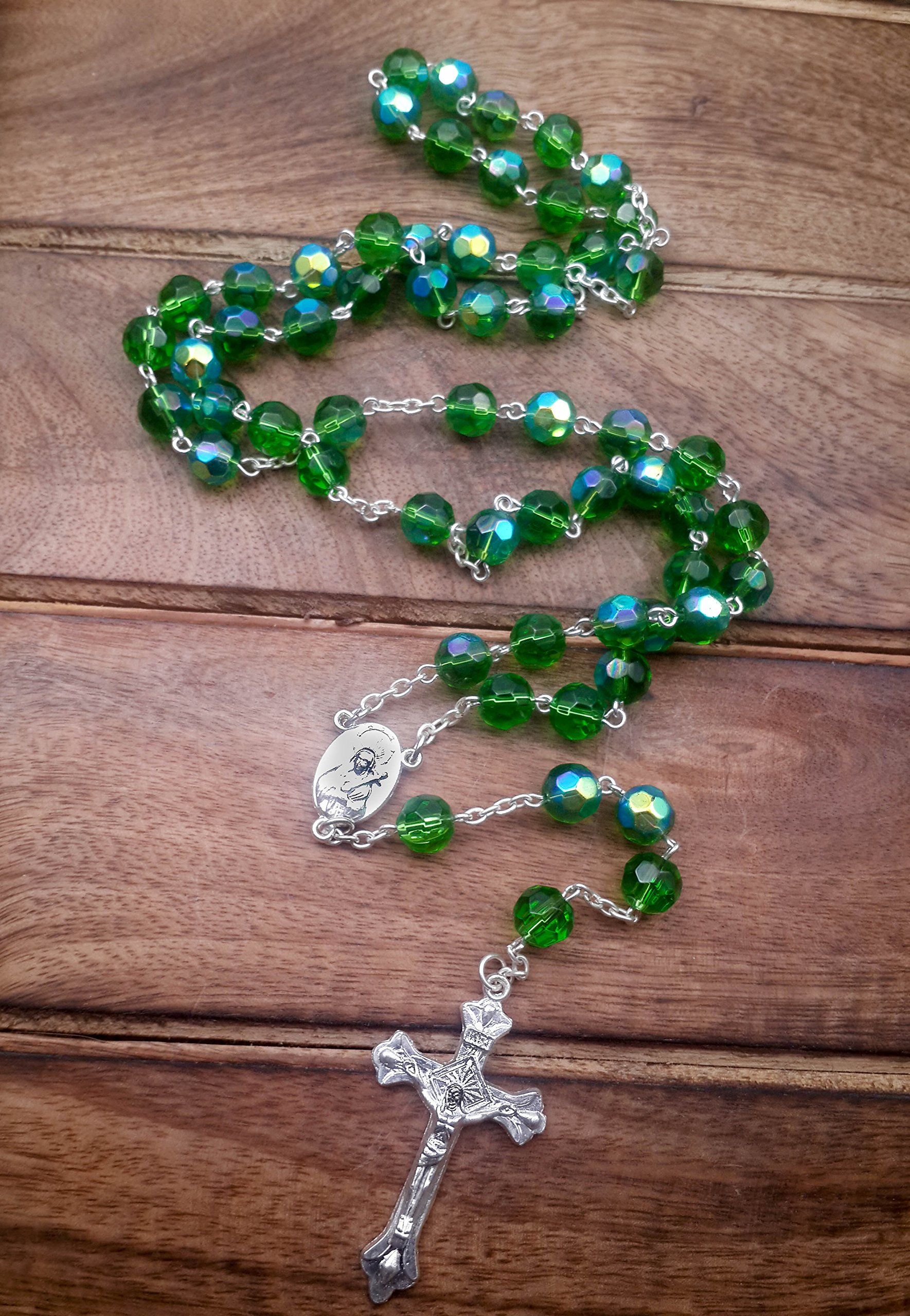 Nazareth Store Green Crystallized Glass Beads Rosary Necklace Holy Mary Medal & Cross Crucifix Handmade Christian Holy Rosary for Men and Women