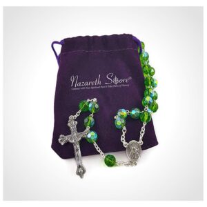 Nazareth Store Green Crystallized Glass Beads Rosary Necklace Holy Mary Medal & Cross Crucifix Handmade Christian Holy Rosary for Men and Women