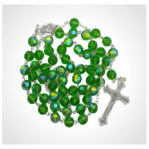 Nazareth Store Green Crystallized Glass Beads Rosary Necklace Holy Mary Medal & Cross Crucifix Handmade Christian Holy Rosary for Men and Women