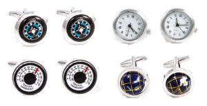 mrcuff traveler working watch thermometer & compass steampunk spinning globe pilot 4 pairs cufflinks in a presentation gift box & polishing cloth