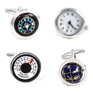 MRCUFF Traveler Working Watch Thermometer & Compass Steampunk Spinning Globe Pilot 4 Pairs Cufflinks in a Presentation Gift Box & Polishing Cloth