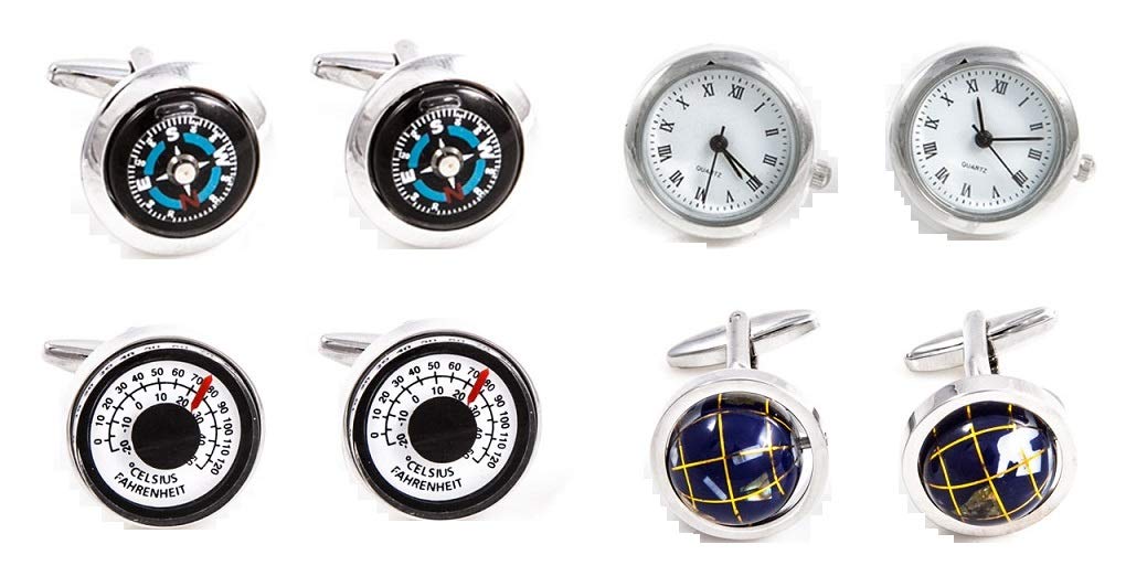 MRCUFF Traveler Working Watch Thermometer & Compass Steampunk Spinning Globe Pilot 4 Pairs Cufflinks in a Presentation Gift Box & Polishing Cloth