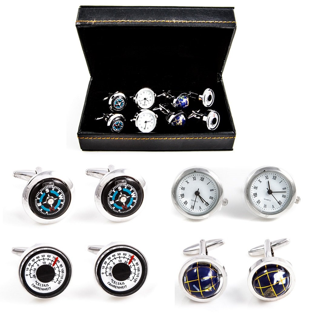 MRCUFF Traveler Working Watch Thermometer & Compass Steampunk Spinning Globe Pilot 4 Pairs Cufflinks in a Presentation Gift Box & Polishing Cloth