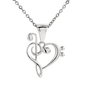 925 sterling silver treble and bass clef heart pendant with 22" hypoallergenic cable chain necklace