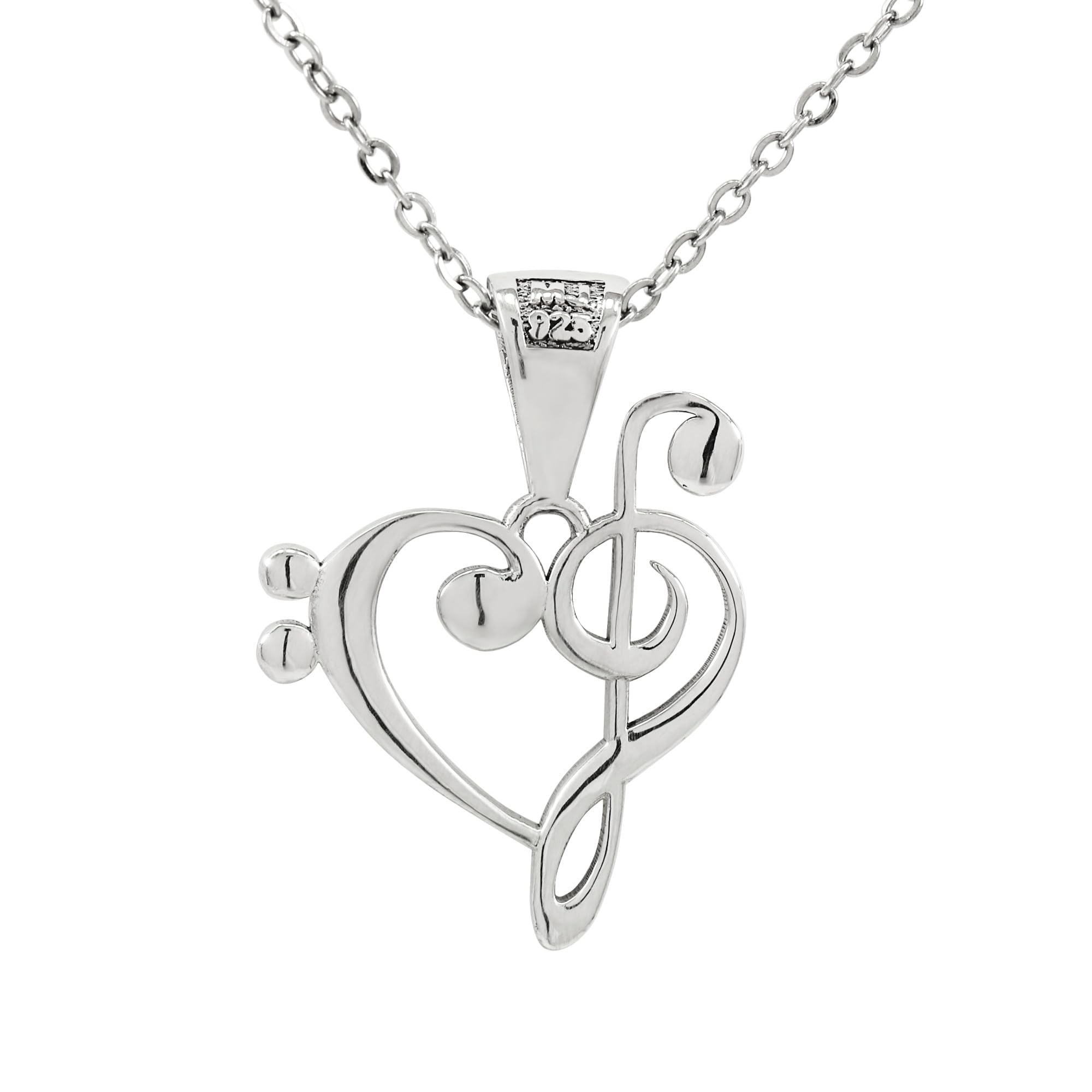 925 Sterling Silver Treble and Bass Clef Heart Pendant With 22" Hypoallergenic Cable Chain Necklace