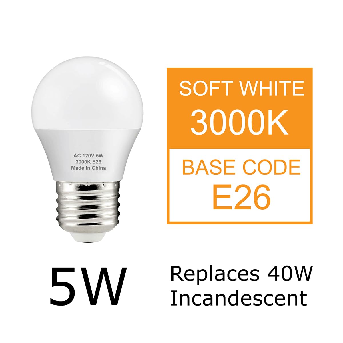 J.LUMI A15 LED Bulbs 5W, 3000K Soft White, A15/G45 Shape Small Bulbs, E26 Medium Base, for table lamps, refrigerators, ceiling fans, NOT DIMMABLE (4 Count)