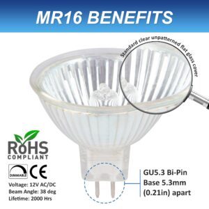 Simba Lighting Halogen MR16 20W 12V Light Bulbs (10 Pack) for Landscape, Track Lights, Fiber Optics, Desk Lamps, BAB C Spotlights with Glass Cover, GU5.3 Bi Pin Base, 2700K Warm White Dimmable