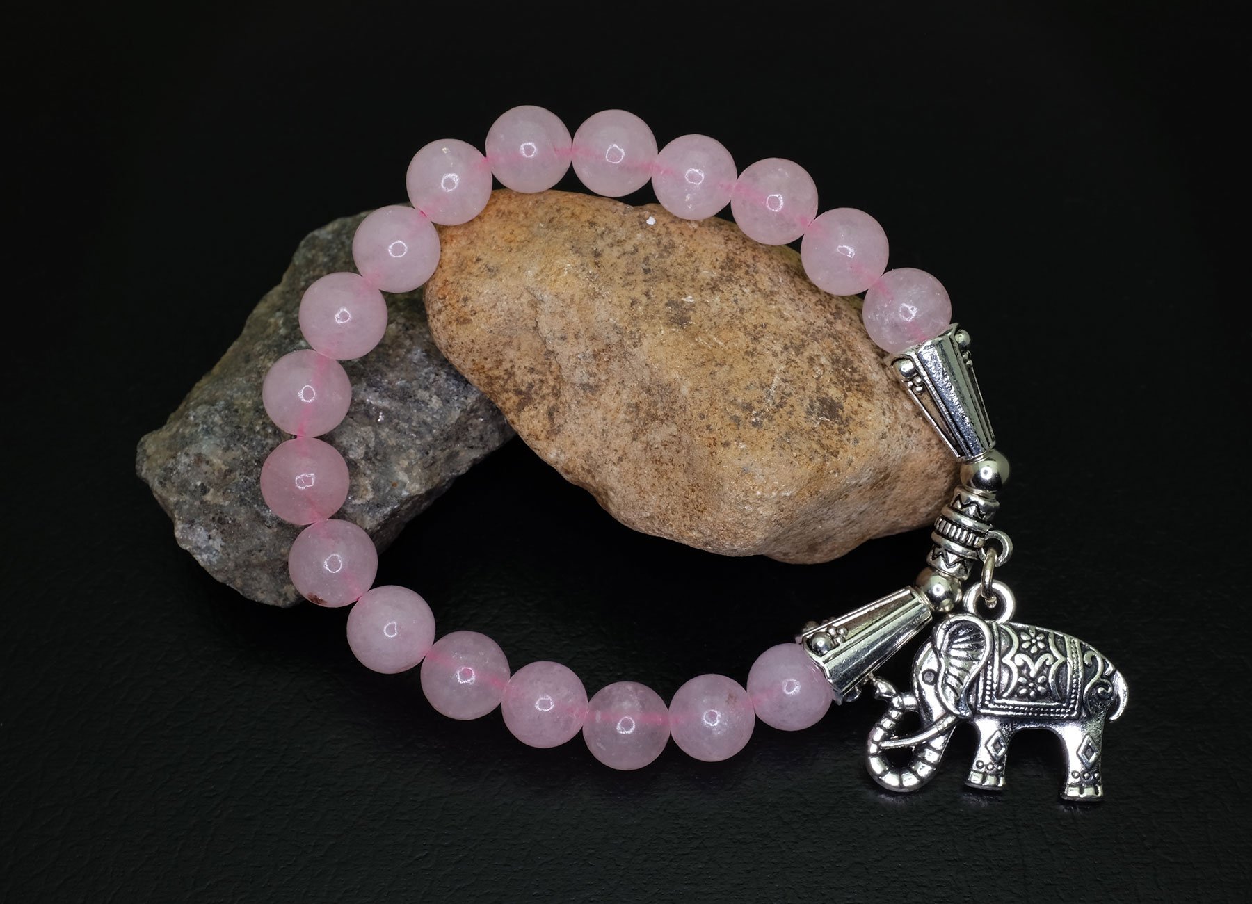 Falari Elephant Lucky Charm Natural Stone Bracelet Rose Quartz B2448-RQ