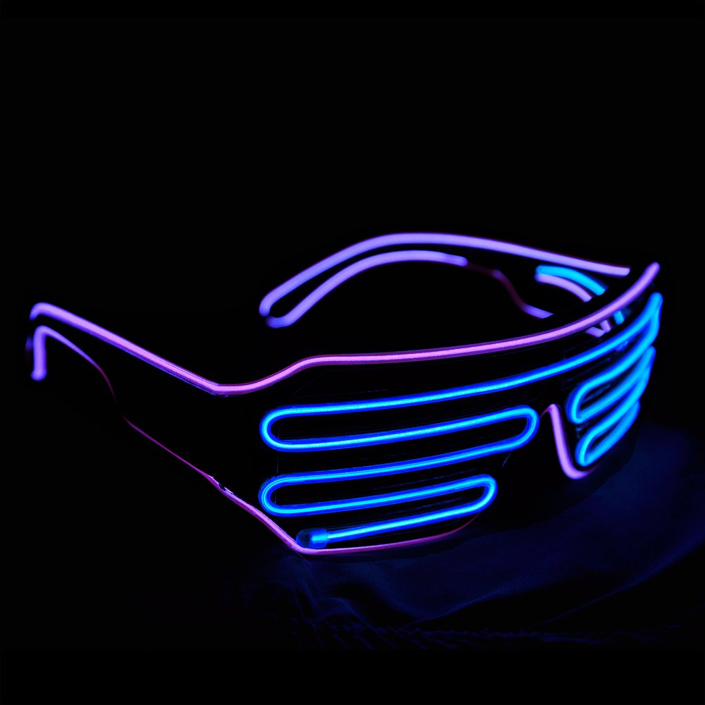 PINFOX Shutter EL Wire Neon Rave Glasses Flashing LED Sunglasses Light Up Costumes For 80s, EDM, Party RB03 (Purple - Blue)