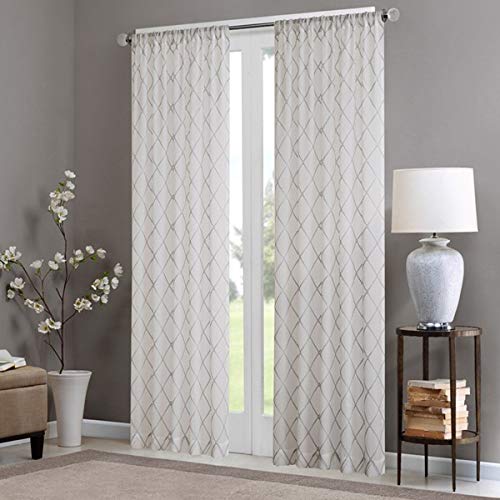 Madison Park Irina Sheer Embroidered Single Curtain For Kitchen, Transitional Fabric Sheers Curtain For Living Room, 1-Panel Pack, 50x84", White/Grey