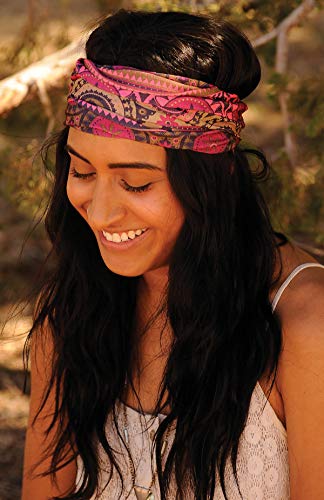 Karma Pink Medallion Headband for Women - Wide - Fabric Headband and Stretchy Hair Scarf - Pink